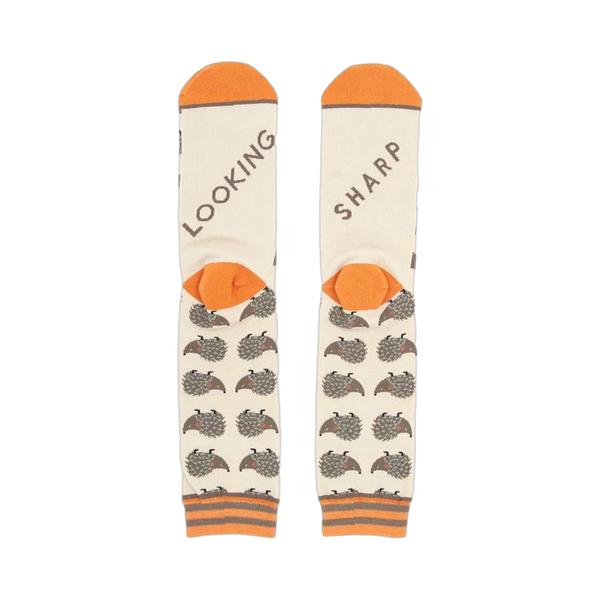 Close-up shot of the socks' heels, revealing 'LOOKING' and 'SHARP' text.