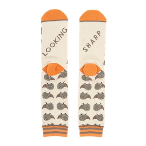 Close-up shot of the socks' heels, revealing 'LOOKING' and 'SHARP' text.