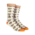Cream crew socks featuring a repeating pattern of brown hedgehogs. Orange and gray stripes accent the cuffs and toes.
