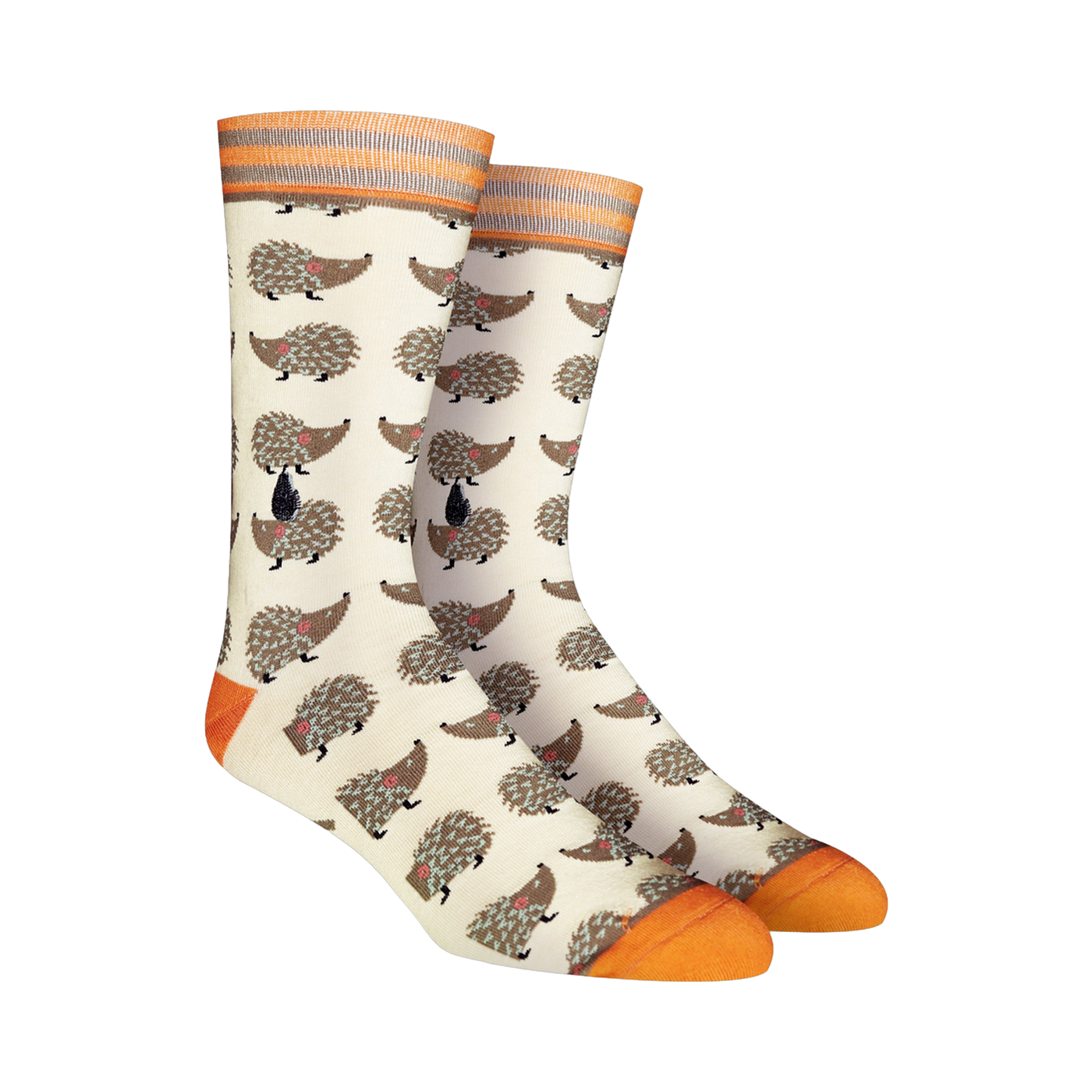 Cream crew socks featuring a repeating pattern of brown hedgehogs. Orange and gray stripes accent the cuffs and toes.