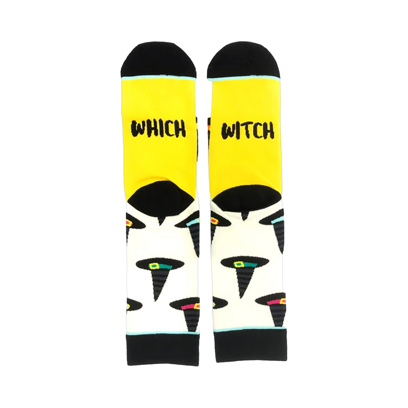 A pair of crew socks with a yellow cuff and cream body. The socks feature a pattern of black witch hats with colorful accents.  The cuff reads 'Which Witch'.