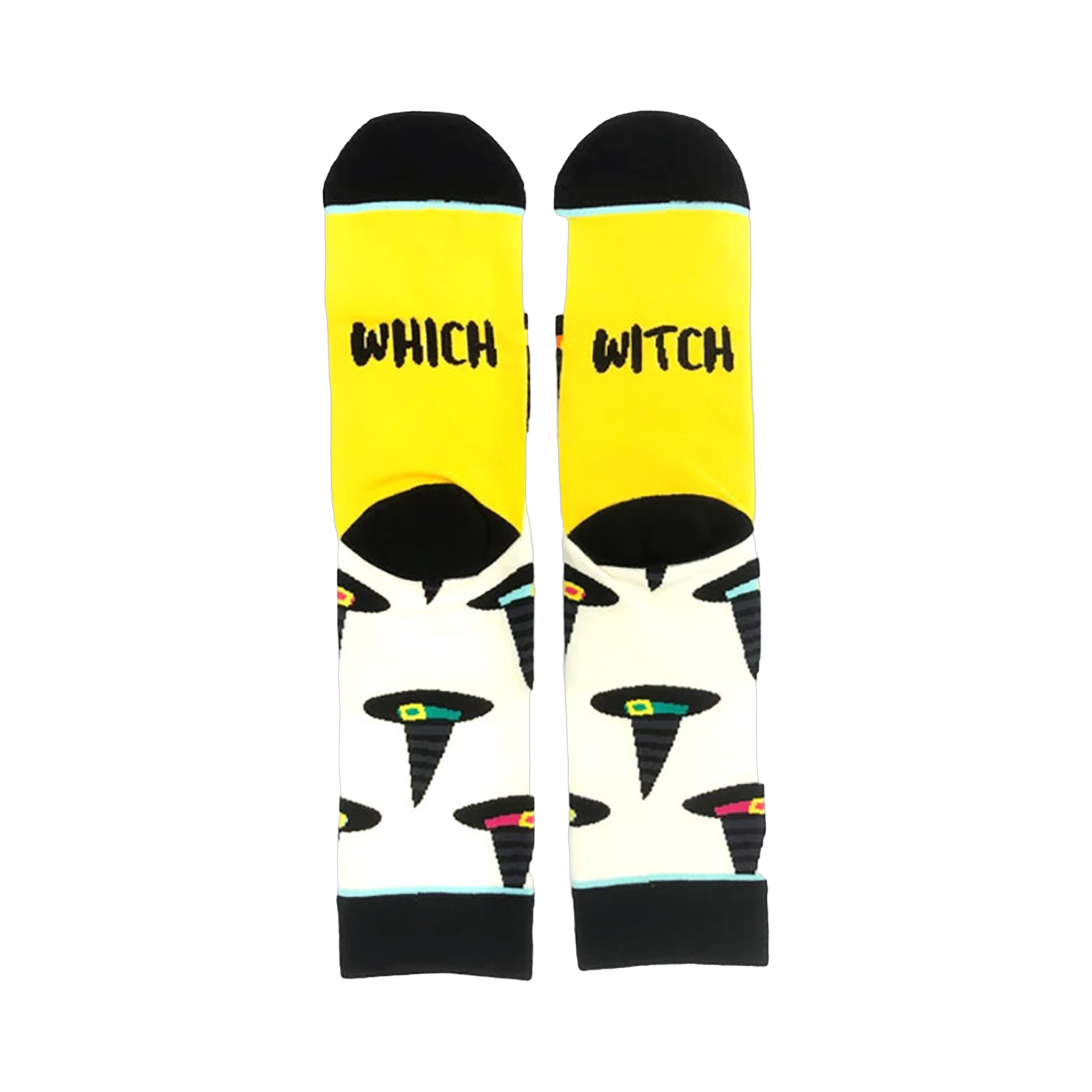 A pair of crew socks with a yellow cuff and cream body. The socks feature a pattern of black witch hats with colorful accents.  The cuff reads 'Which Witch'.
