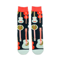 Crew socks with a dark background featuring colorful illustrations of banjos, guitars, and fiddles.  Red, teal, and orange accents on navy blue socks.