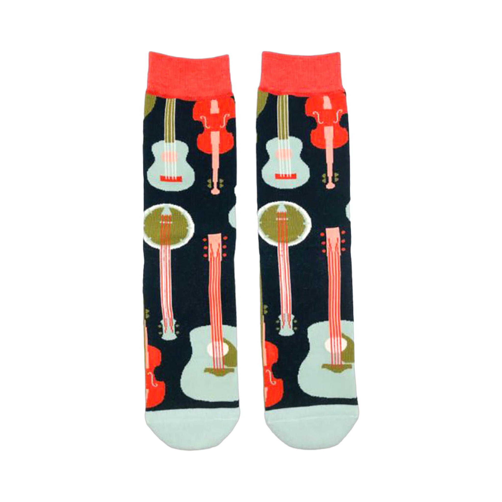 Crew socks with a dark background featuring colorful illustrations of banjos, guitars, and fiddles.  Red, teal, and orange accents on navy blue socks.