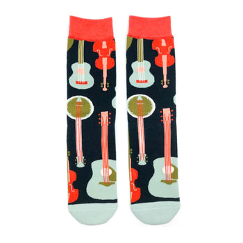 Crew socks with a dark background featuring colorful illustrations of banjos, guitars, and fiddles.  Red, teal, and orange accents on navy blue socks.