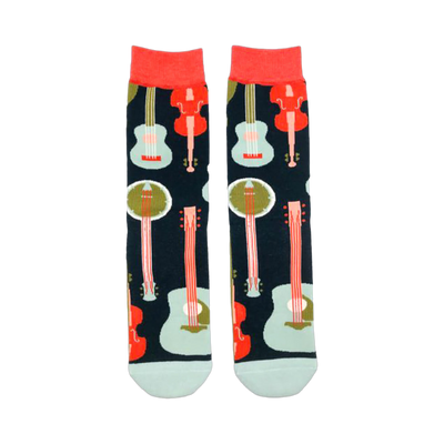 Crew socks with a dark background featuring colorful illustrations of banjos, guitars, and fiddles.  Red, teal, and orange accents on navy blue socks.