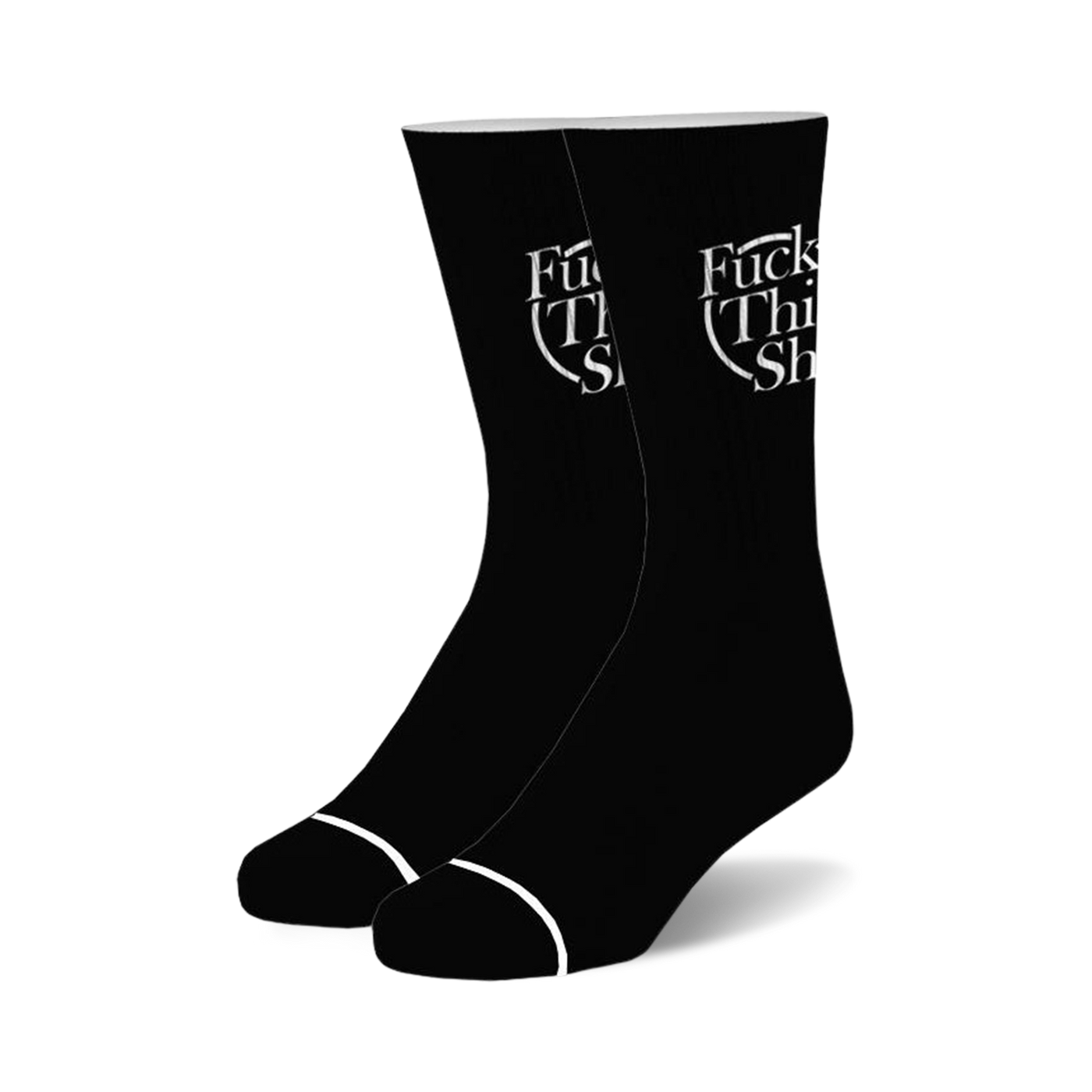 Pair of black crew socks with a white 'Fuck This Shit' logo.  Simple design, casual style.
