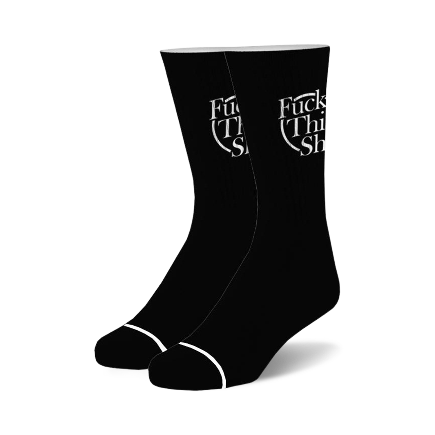 Pair of black crew socks with a white 'Fuck This Shit' logo.  Simple design, casual style.