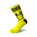 Crew socks in bright yellow with black biohazard symbols and a black 'Caution' stripe at the top.