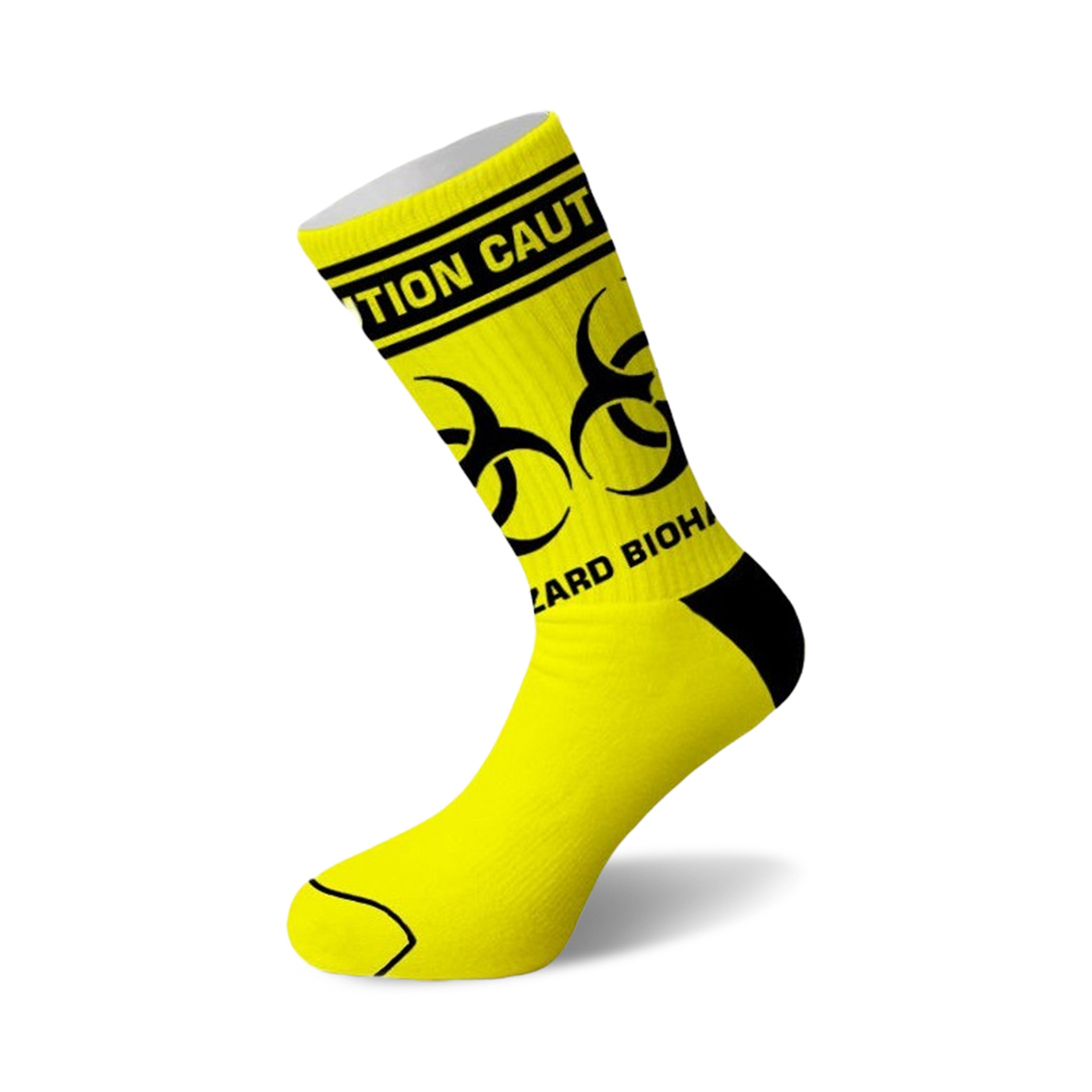 Crew socks in bright yellow with black biohazard symbols and a black 'Caution' stripe at the top.