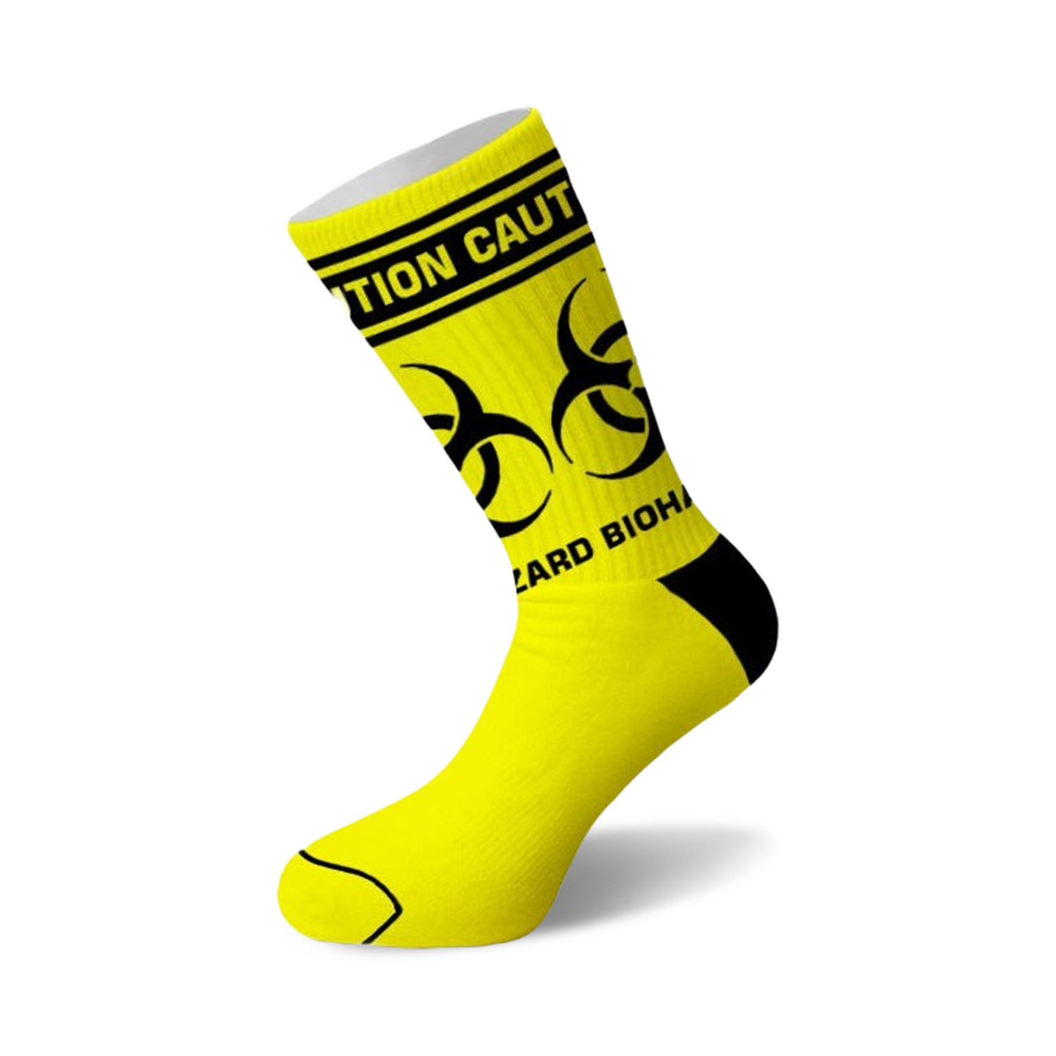 Crew socks in bright yellow with black biohazard symbols and a black 'Caution' stripe at the top.
