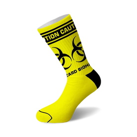 yellow crew socks with biohazard symbol and 'caution...biohazard' text. men and women.  
