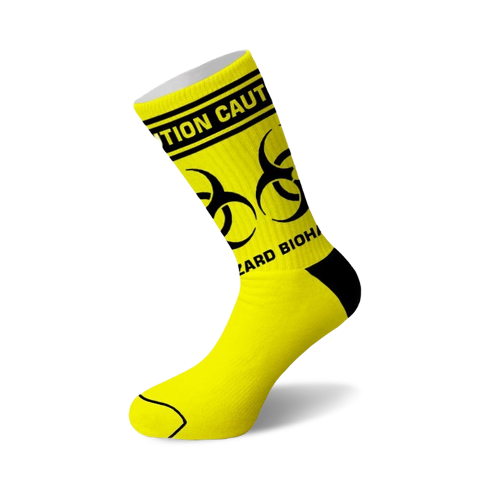 yellow crew socks with biohazard symbol and 'caution...biohazard' text. men and women.   }}