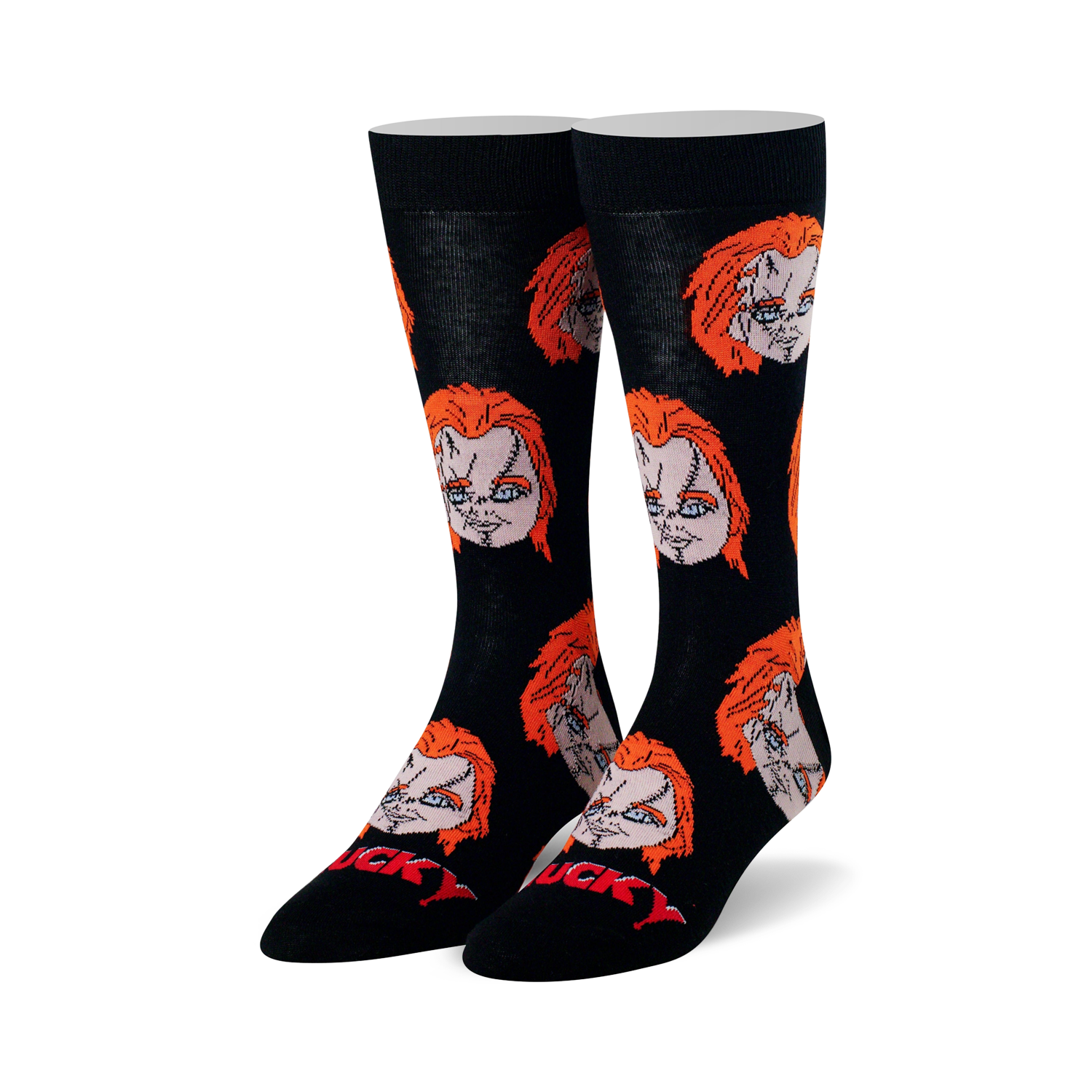 Pair of black crew socks with repeating pattern of Chucky's head featuring orange hair and stitched face. Red "CHUCKY" text on toe.