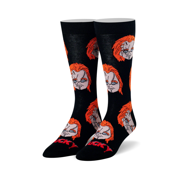 black chucky heads socks with red hair, blue eyes, and knife-wielding hand.   }}