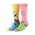 Crew socks featuring Spongebob and Patrick. Spongebob's sock is yellow and blue, Patrick's is pink and green.  Both show the characters' faces.