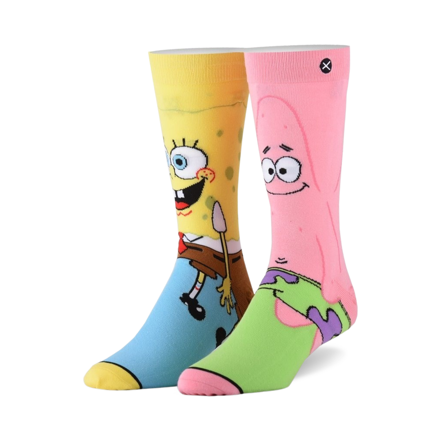 Crew socks featuring Spongebob and Patrick. Spongebob's sock is yellow and blue, Patrick's is pink and green.  Both show the characters' faces.