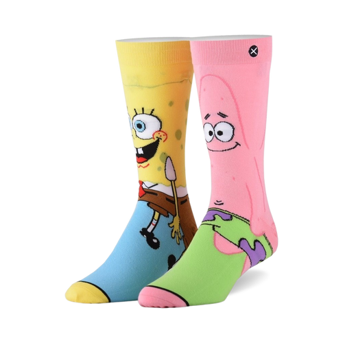 Crew socks featuring Spongebob and Patrick. Spongebob's sock is yellow and blue, Patrick's is pink and green.  Both show the characters' faces.