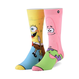 pink and yellow crew socks with spongebob squarepants and patrick star pattern. for men and women.  