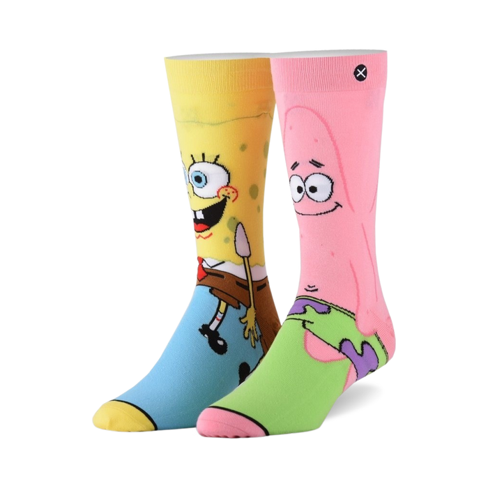 pink and yellow crew socks with spongebob squarepants and patrick star pattern. for men and women.   }}