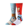 Crew socks featuring Squidward and Mr. Krabs from Spongebob.  One sock is light blue and beige, the other red and white. 