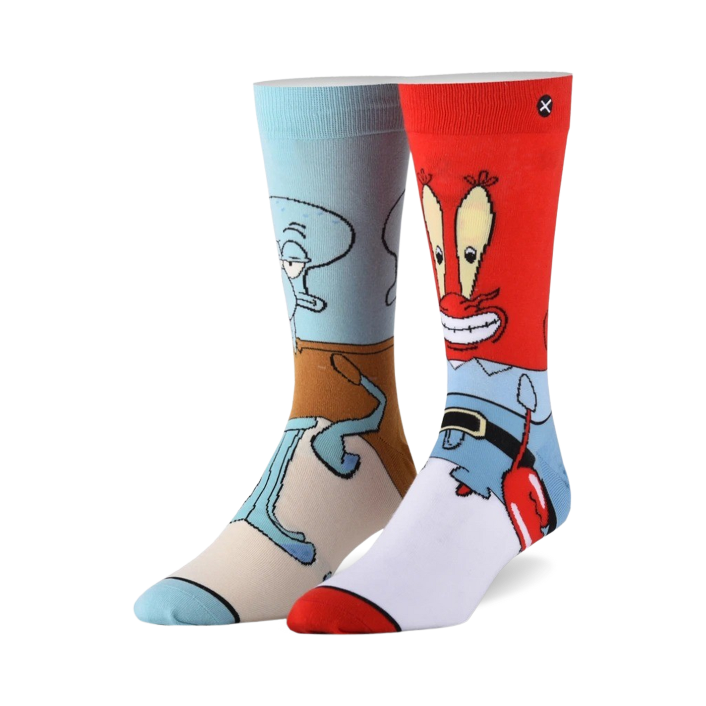 Crew socks featuring Squidward and Mr. Krabs from Spongebob.  One sock is light blue and beige, the other red and white. 