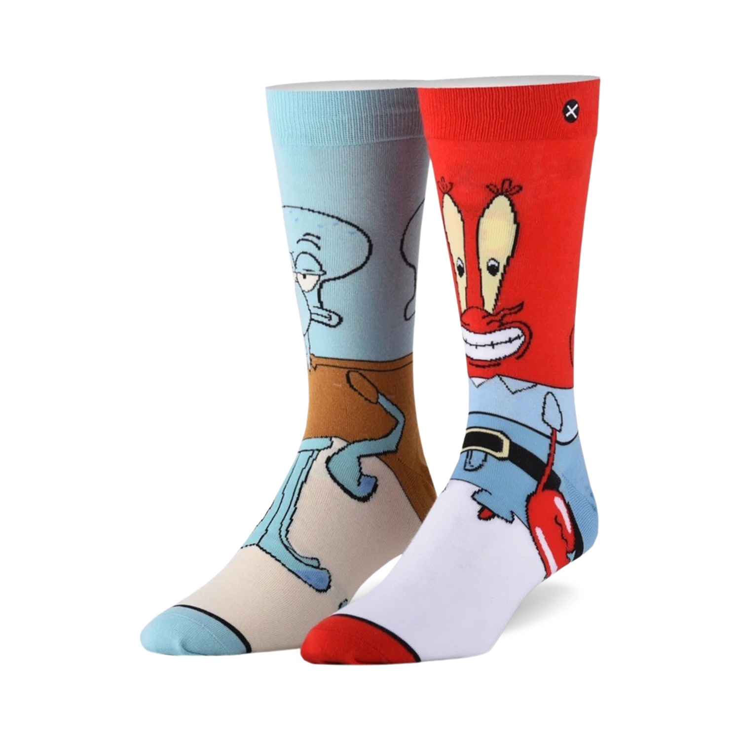Crew socks featuring Squidward and Mr. Krabs from Spongebob.  One sock is light blue and beige, the other red and white. 