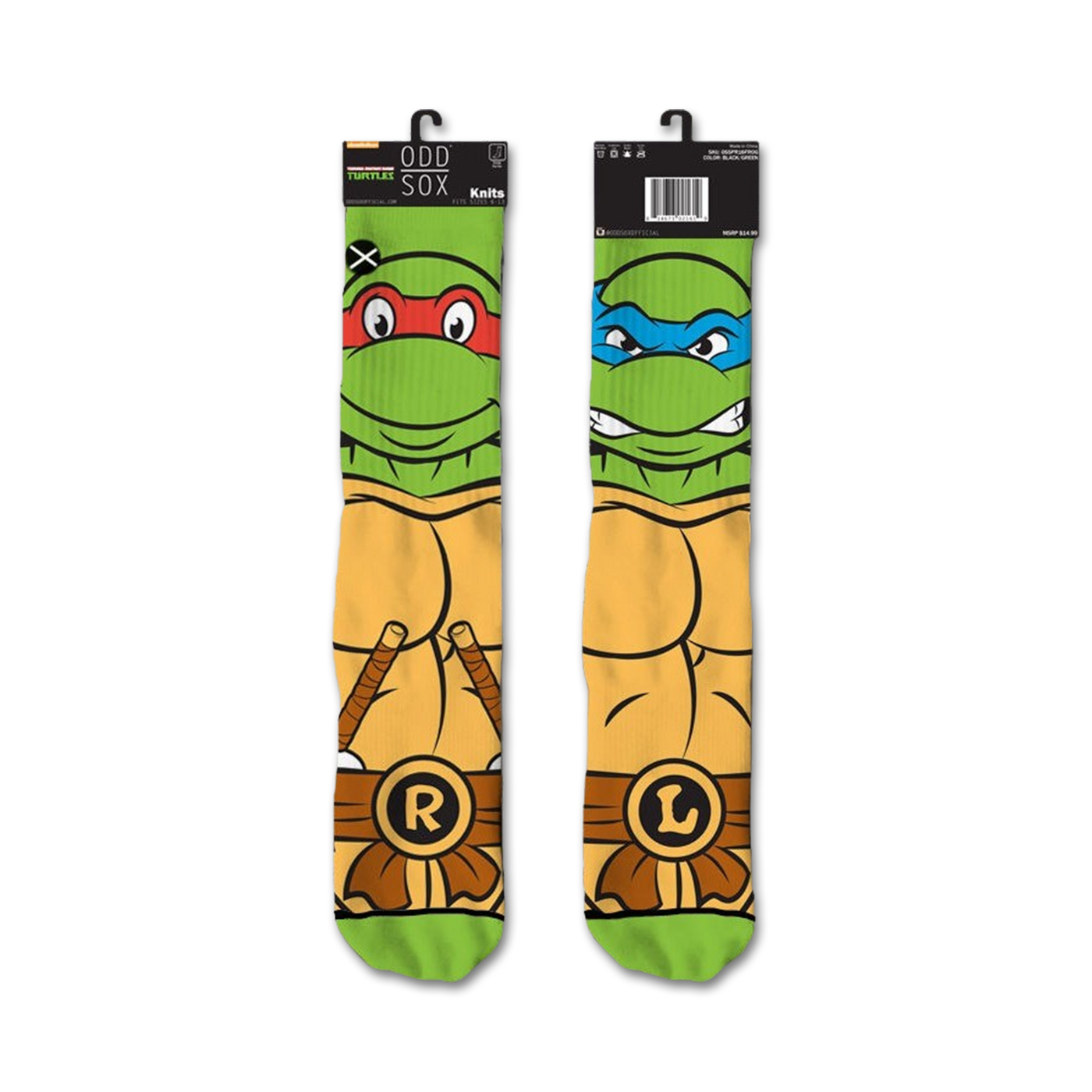 Teenage Mutant Ninja Turtles crew socks.  Raphael and Leonardo's faces are featured, with green, orange, red and blue colors.