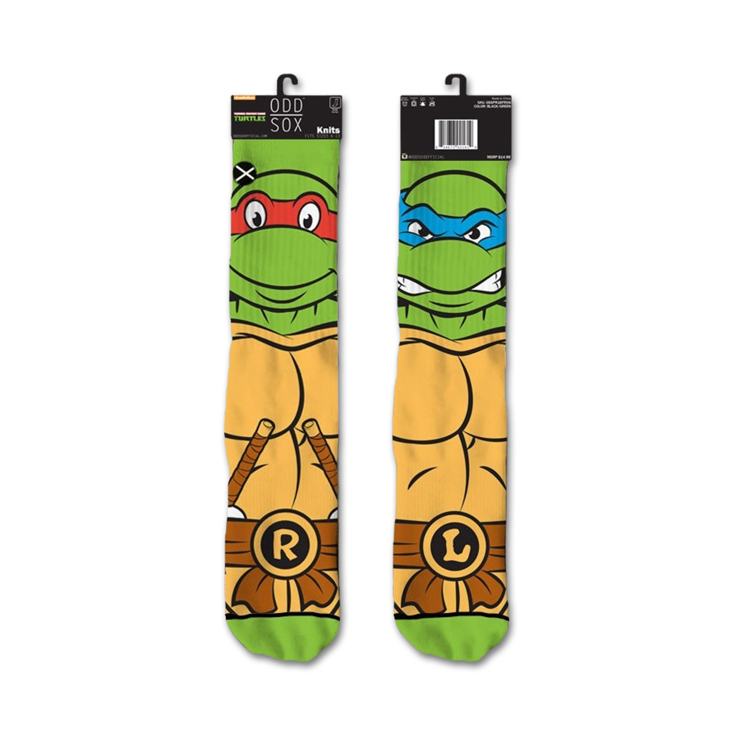 Teenage Mutant Ninja Turtles crew socks.  Raphael and Leonardo's faces are featured, with green, orange, red and blue colors.