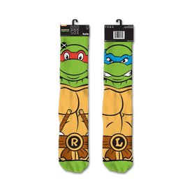 teenage mutant ninja turtles retro crew socks: black, green, orange, red, and yellow, crew length, for men and women, cartoon theme.  