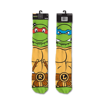 teenage mutant ninja turtles retro crew socks: black, green, orange, red, and yellow, crew length, for men and women, cartoon theme.  