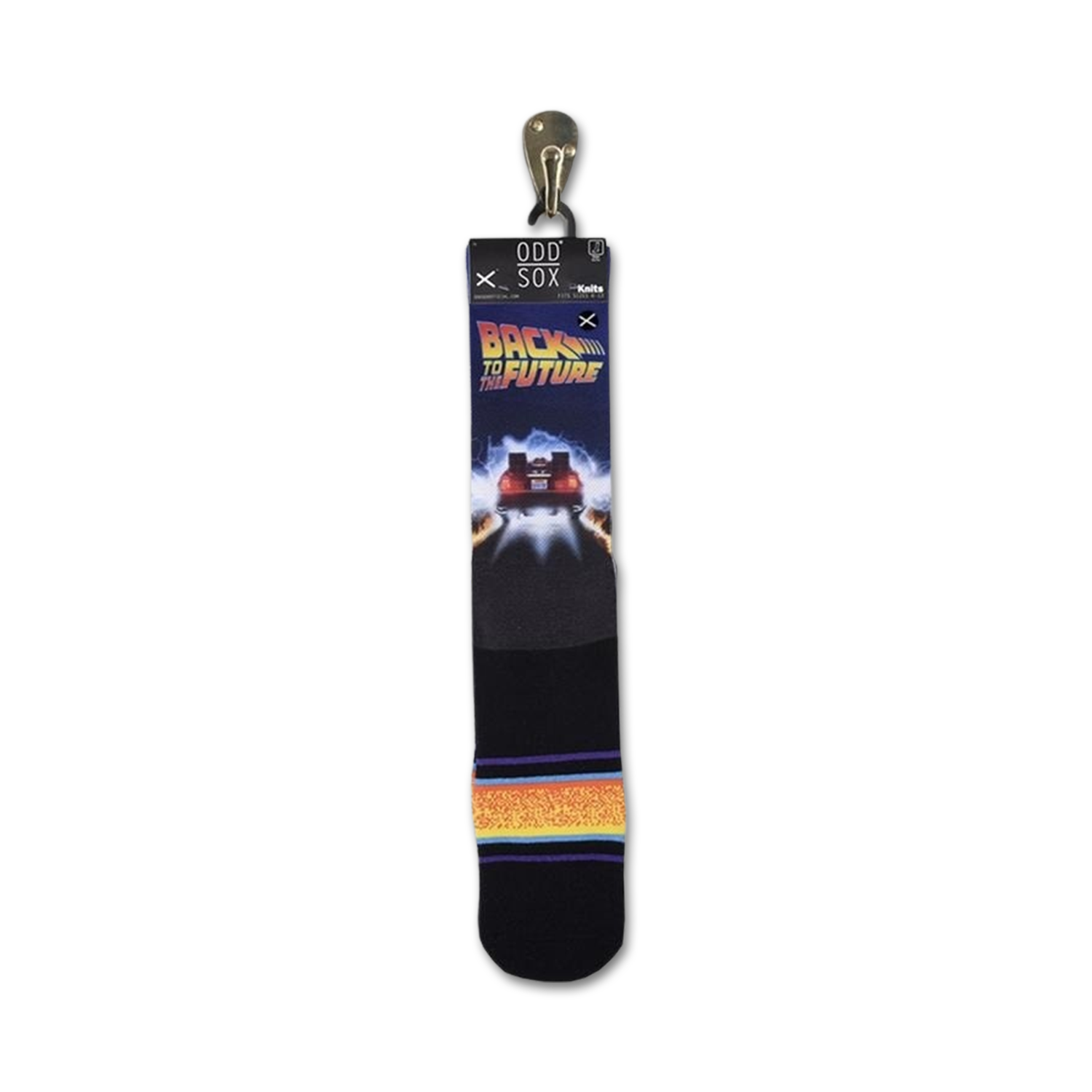 Product shot of Back to the Future socks on their packaging. Shows the socks' design and branding clearly.