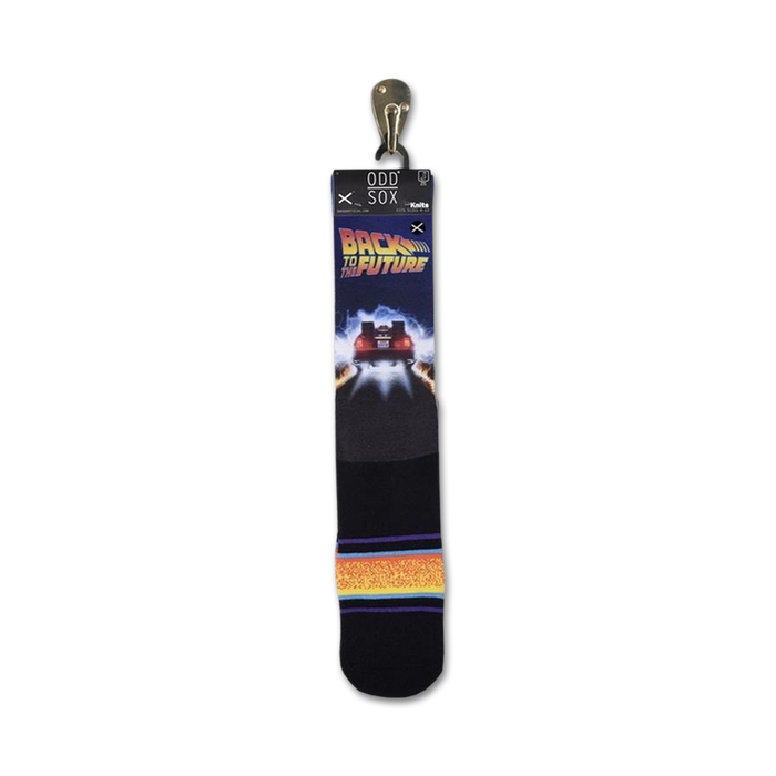 A pair of black socks with a colorful pattern of the Delorean time machine from the movie 