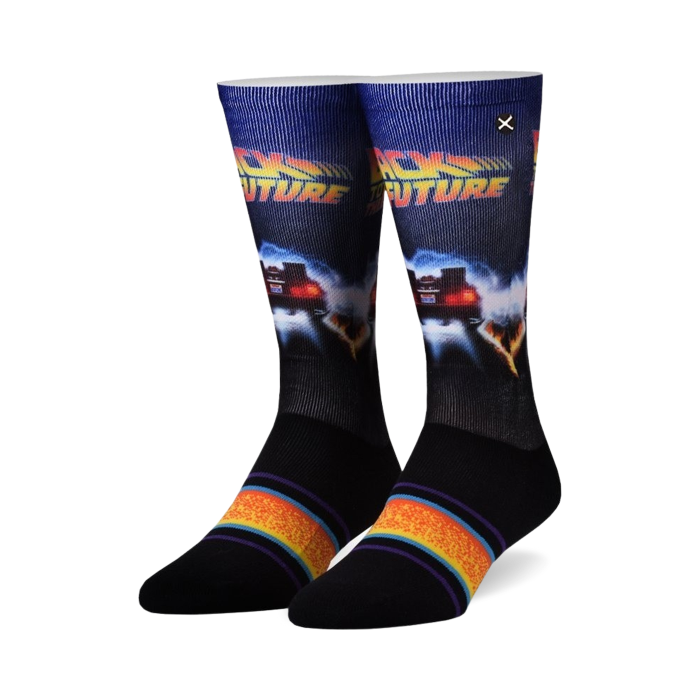 Pair of crew socks. Primarily black with a Back to the Future design featuring the DeLorean. Colorful stripes at the cuff.