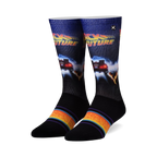 Pair of crew socks. Primarily black with a Back to the Future design featuring the DeLorean. Colorful stripes at the cuff.
