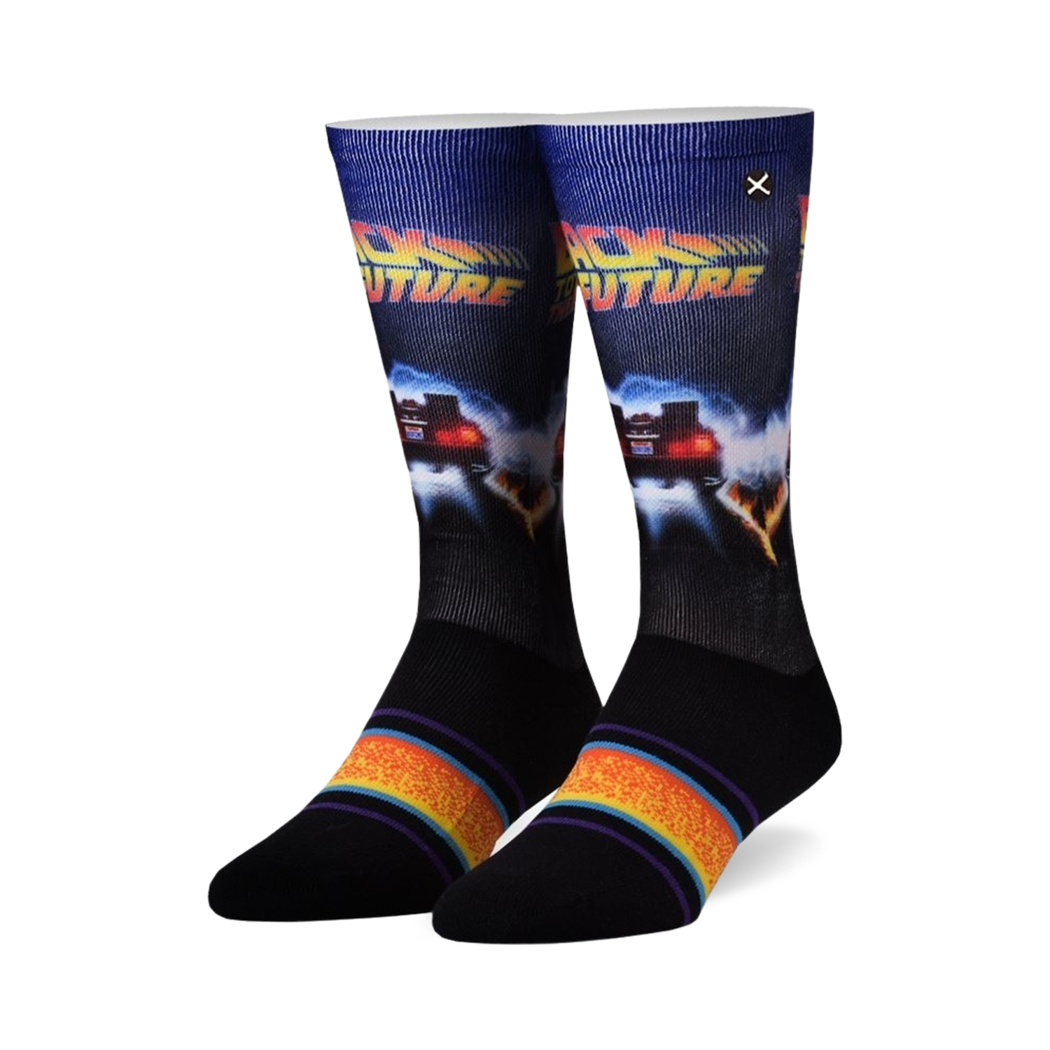 Pair of crew socks. Primarily black with a Back to the Future design featuring the DeLorean. Colorful stripes at the cuff.