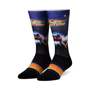 black crew socks with time-traveling delorean car from back to the future movie on blue background. unisex.   
