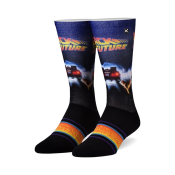 black crew socks with time-traveling delorean car from back to the future movie on blue background. unisex.   