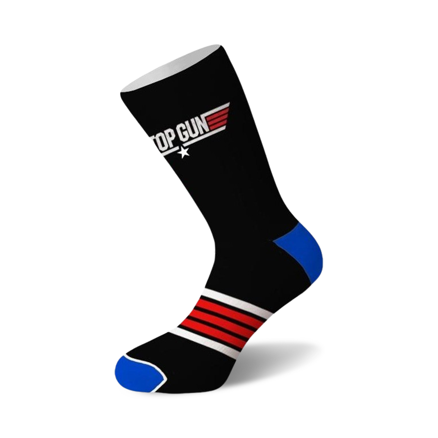 Black crew socks with the Top Gun logo and red and white stripes near the ankle, accented with blue at the heel and toe.