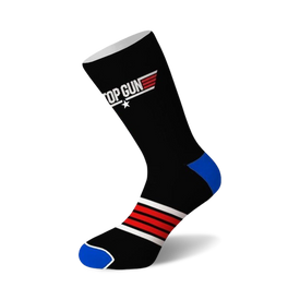 men's and women's top gun crew socks in black with blue toe and heel, red and white striped band, and top gun logo.   