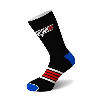 men's and women's top gun crew socks in black with blue toe and heel, red and white striped band, and top gun logo.   