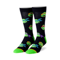 Crew socks in black with colorful Teenage Mutant Ninja Turtle head graphics. Lime green accents on the toes and heels.