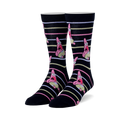 Crew socks in navy blue with pink and yellow stripes and repeating images of a surprised Patrick Star from Spongebob.