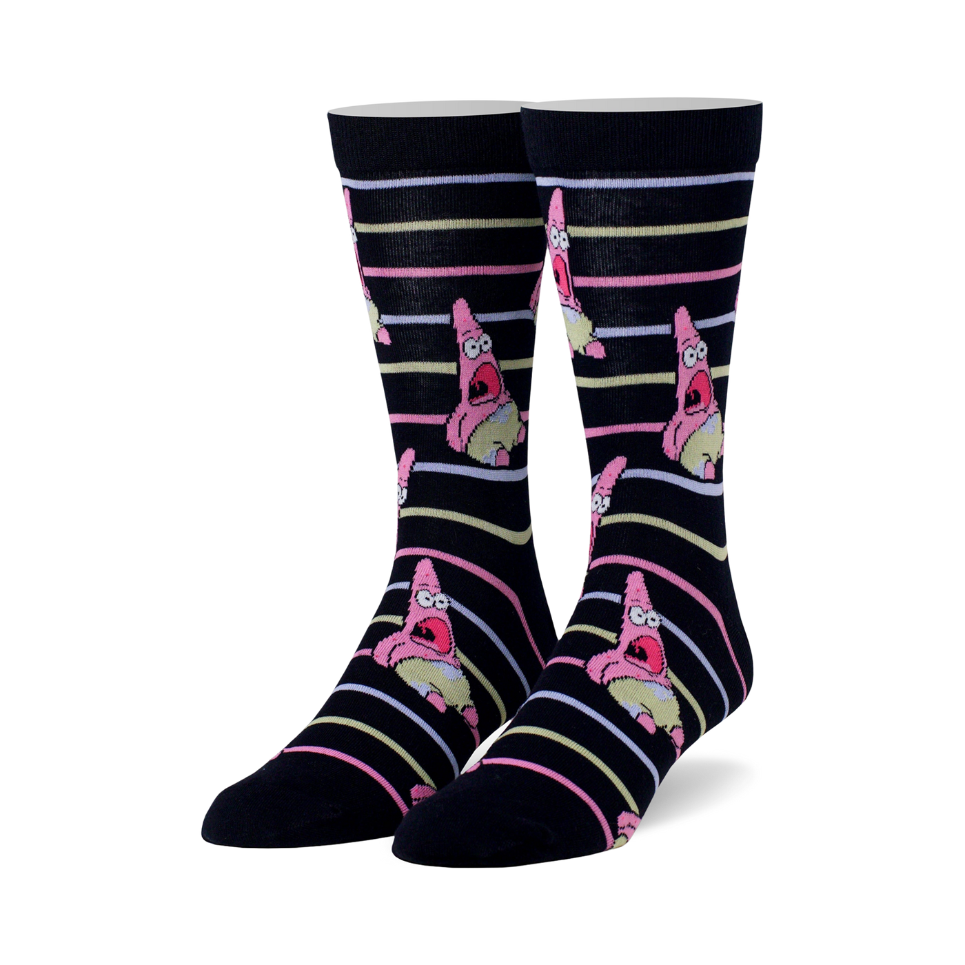 Crew socks in navy blue with pink and yellow stripes and repeating images of a surprised Patrick Star from Spongebob.