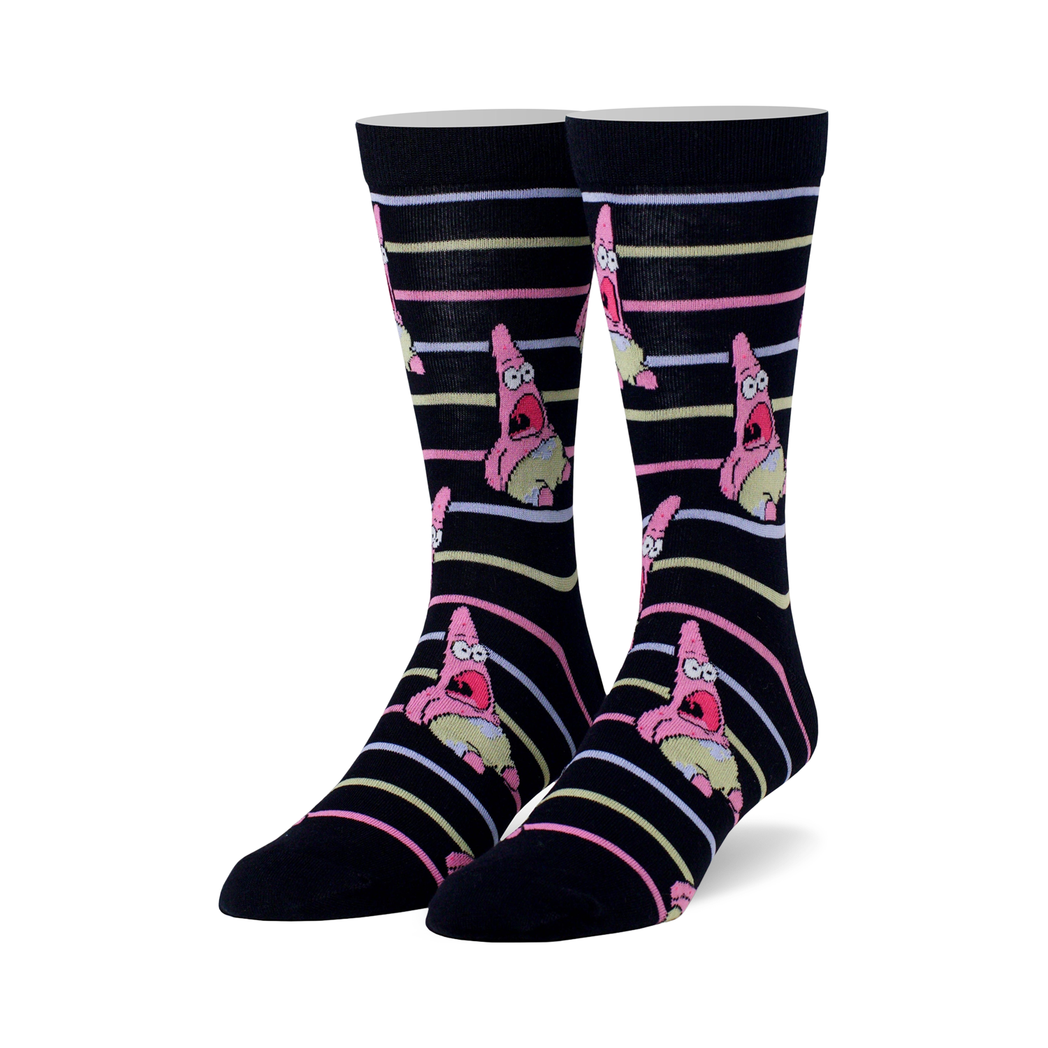 Crew socks in navy blue with pink and yellow stripes and repeating images of a surprised Patrick Star from Spongebob.