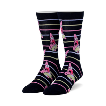 black socks with light purple, blue, and pink stripes feature patrick star from spongebob squarepants.   