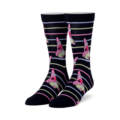 black socks with light purple, blue, and pink stripes feature patrick star from spongebob squarepants.   