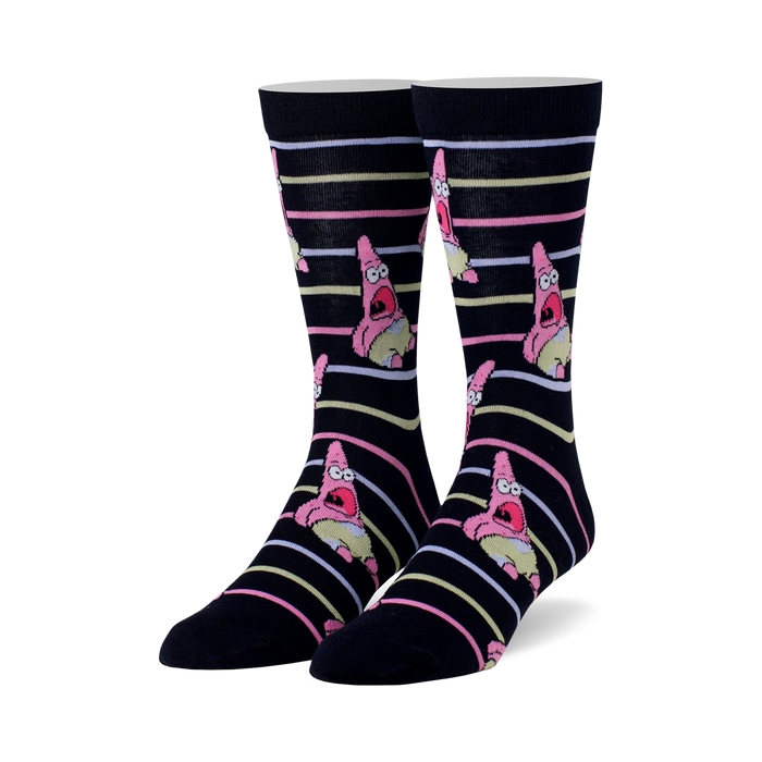 black socks with light purple, blue, and pink stripes feature patrick star from spongebob squarepants.    }}