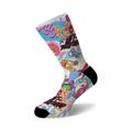 Crew socks with a colorful 90s cartoon design. Pink, blue, and yellow tones feature Ren & Stimpy, and other characters against a white background.