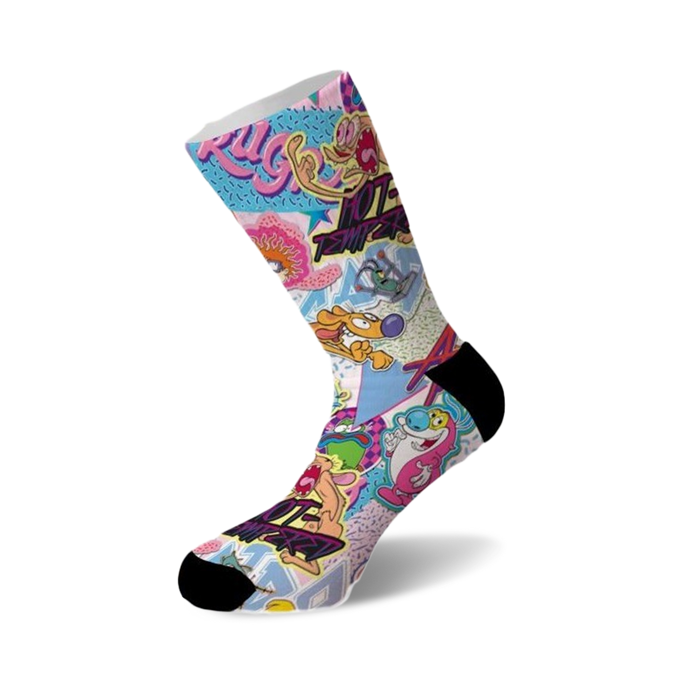 Crew socks with a colorful 90s cartoon design. Pink, blue, and yellow tones feature Ren & Stimpy, and other characters against a white background.